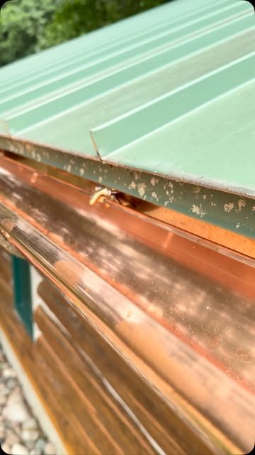 A copper gutter running along the edge of a green standing-seam steel roof