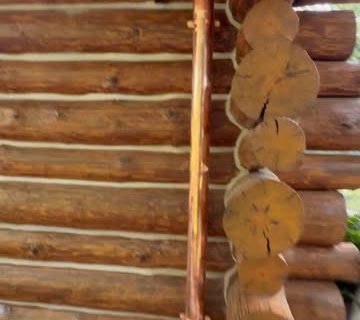 A copper downspout running down the corner of a log home